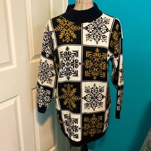 Trimmings Gold White Black Snowflake Holiday Christmas Sweater